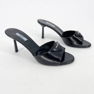 Prada Black Brushed Leather Padded Logo 75mm Open Toe Sandal Mule size IT 40